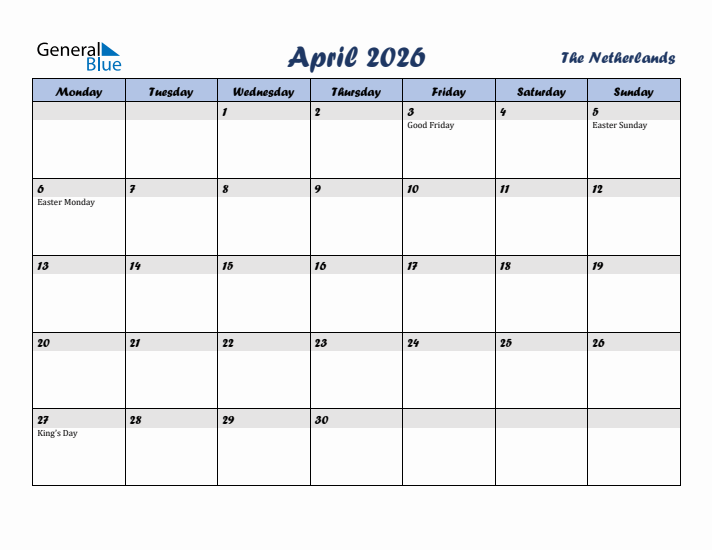 April 2026 Calendar with Holidays in The Netherlands