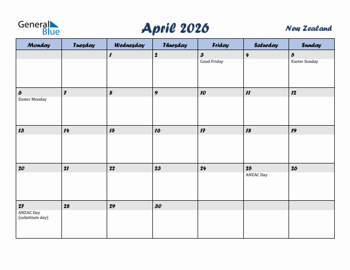 April 2026 Calendar with Holidays in New Zealand