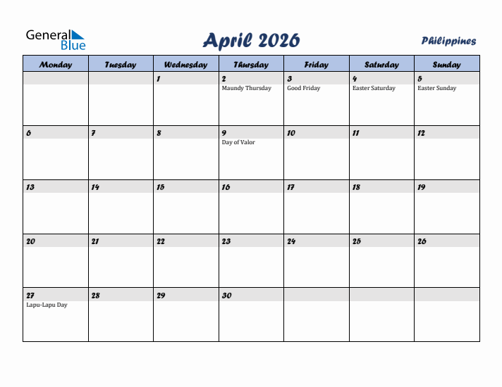 April 2026 Calendar with Holidays in Philippines