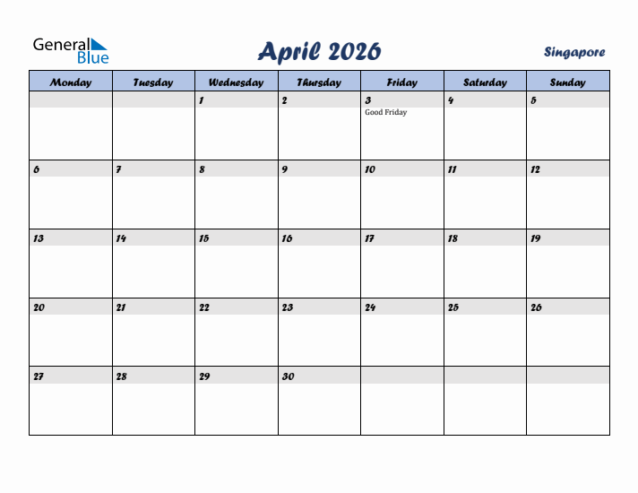 April 2026 Calendar with Holidays in Singapore