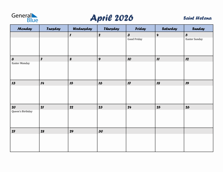 April 2026 Calendar with Holidays in Saint Helena