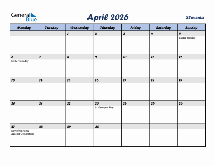 April 2026 Calendar with Holidays in Slovenia