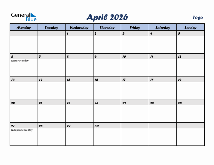 April 2026 Calendar with Holidays in Togo