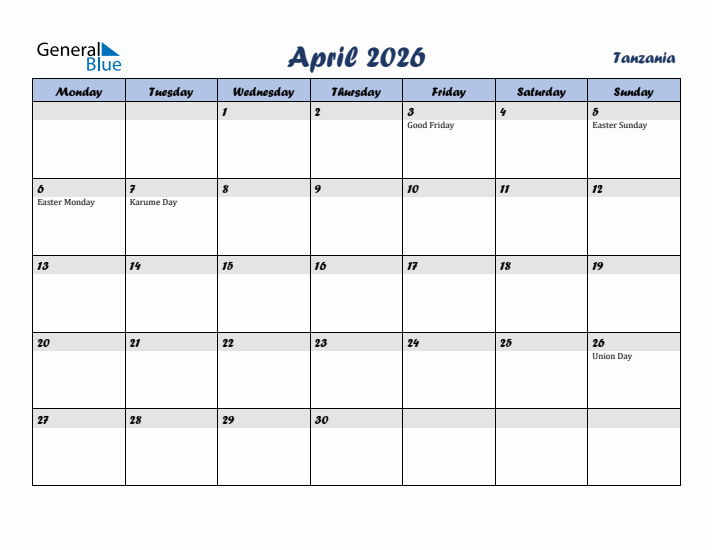 April 2026 Calendar with Holidays in Tanzania