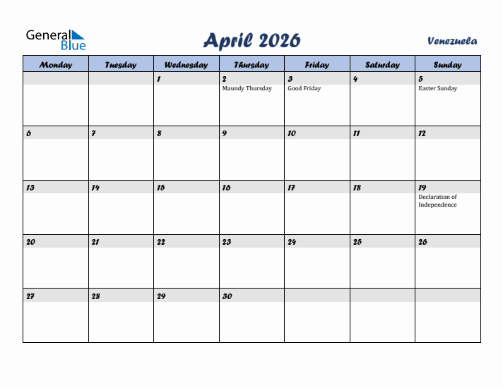 April 2026 Calendar with Holidays in Venezuela