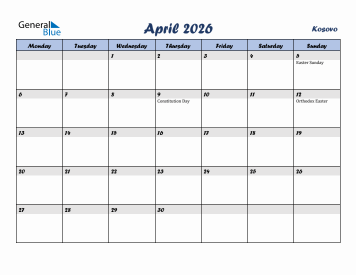 April 2026 Calendar with Holidays in Kosovo