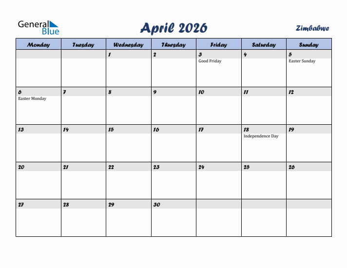 April 2026 Calendar with Holidays in Zimbabwe