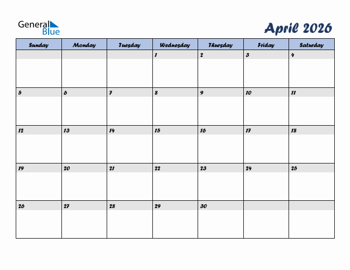 April 2026 Blue Calendar (Sunday Start)