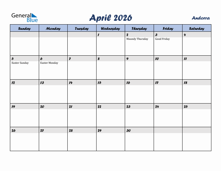 April 2026 Calendar with Holidays in Andorra