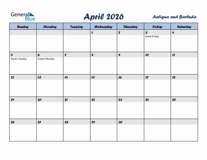 April 2026 Calendar with Holidays in Antigua and Barbuda