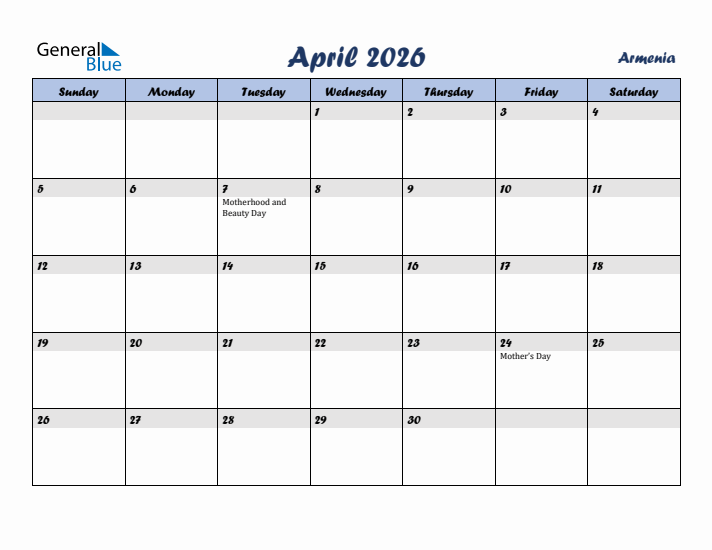April 2026 Calendar with Holidays in Armenia