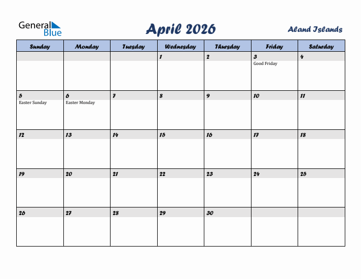 April 2026 Calendar with Holidays in Aland Islands