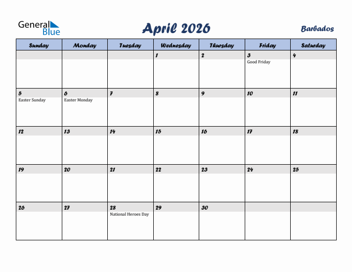 April 2026 Calendar with Holidays in Barbados
