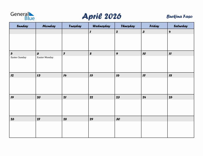 April 2026 Calendar with Holidays in Burkina Faso