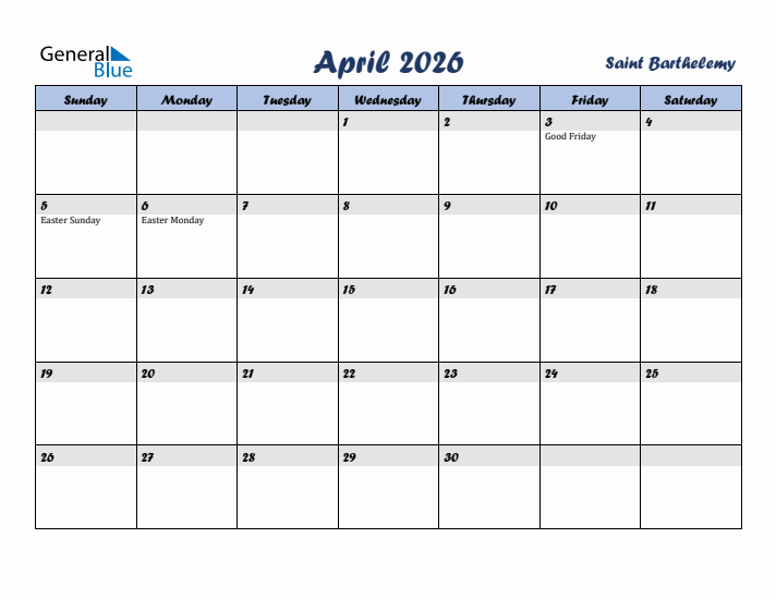 April 2026 Calendar with Holidays in Saint Barthelemy