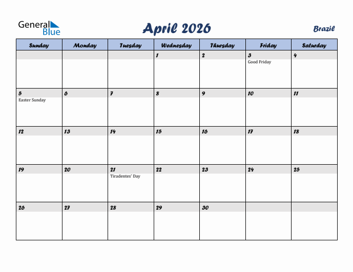 April 2026 Calendar with Holidays in Brazil