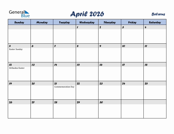 April 2026 Calendar with Holidays in Belarus
