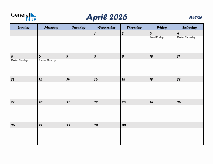 April 2026 Calendar with Holidays in Belize