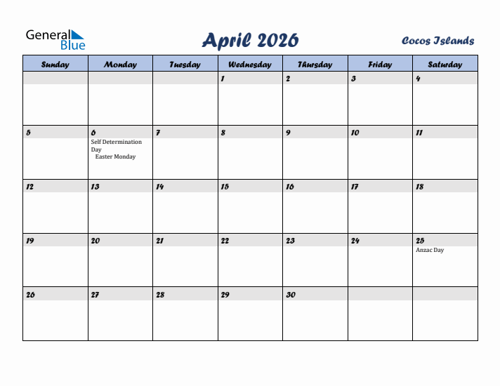 April 2026 Calendar with Holidays in Cocos Islands