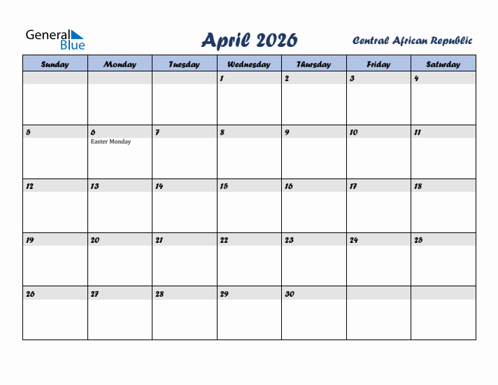 April 2026 Calendar with Holidays in Central African Republic