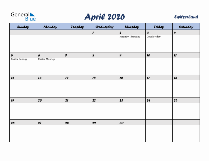 April 2026 Calendar with Holidays in Switzerland
