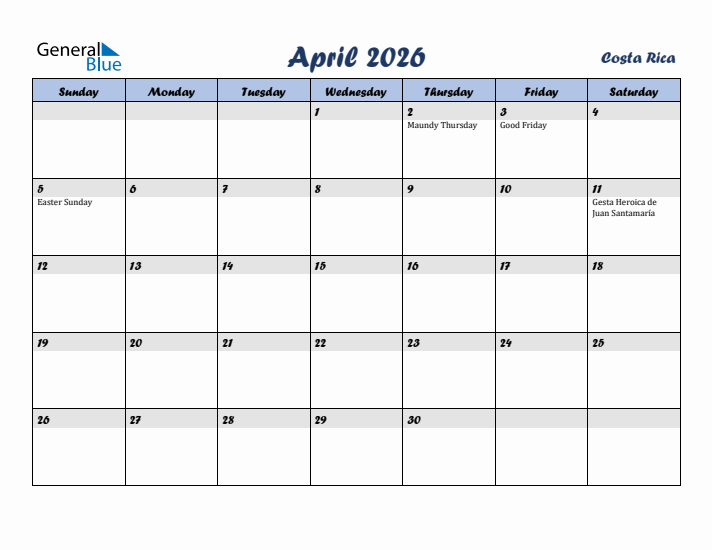 April 2026 Calendar with Holidays in Costa Rica
