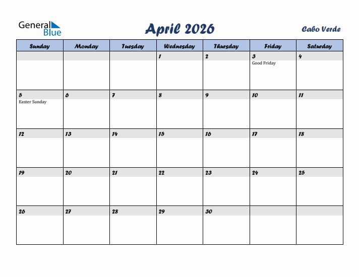 April 2026 Calendar with Holidays in Cabo Verde