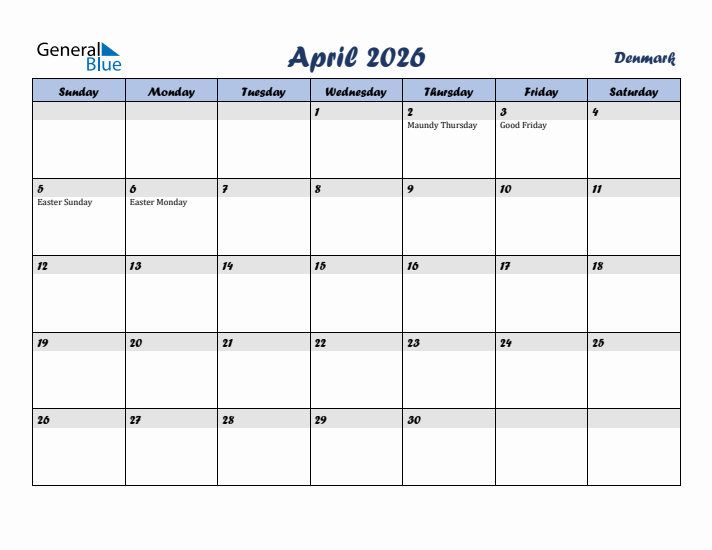 April 2026 Calendar with Holidays in Denmark