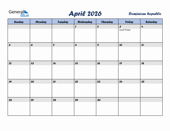April 2026 Calendar with Holidays in Dominican Republic