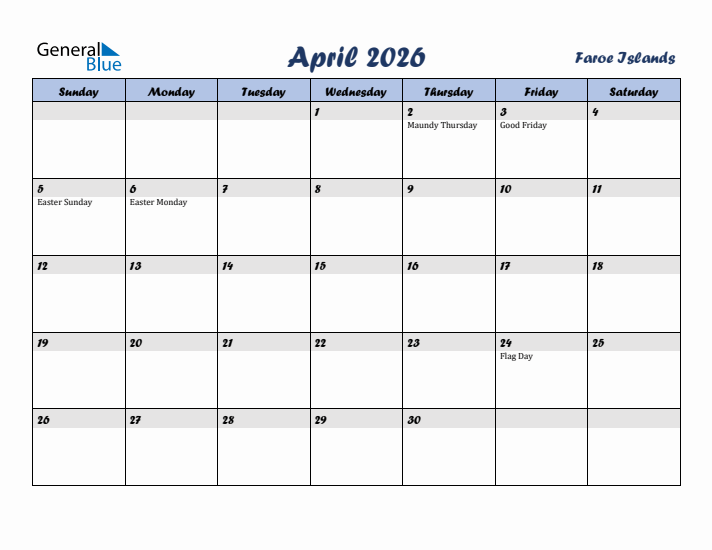 April 2026 Calendar with Holidays in Faroe Islands