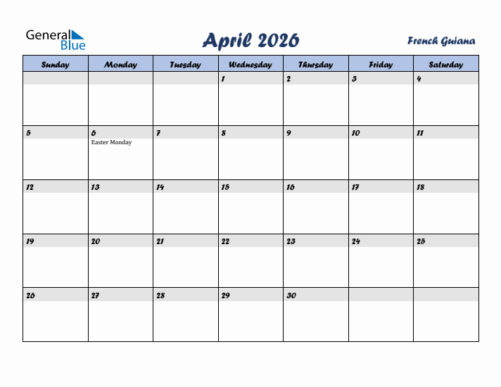 April 2026 Calendar with Holidays in French Guiana