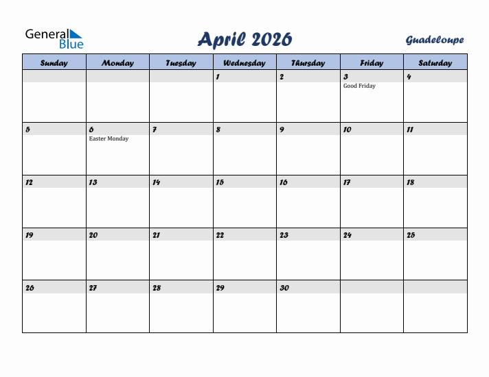 April 2026 Calendar with Holidays in Guadeloupe