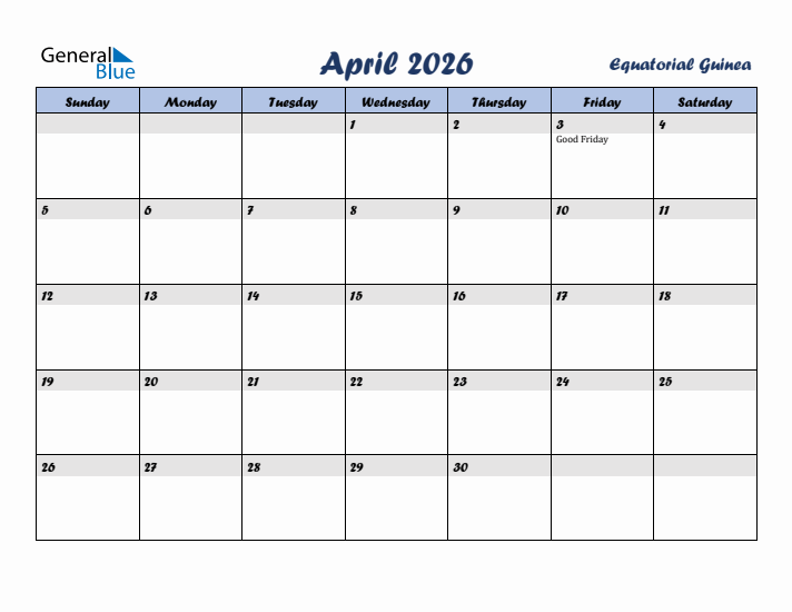 April 2026 Calendar with Holidays in Equatorial Guinea