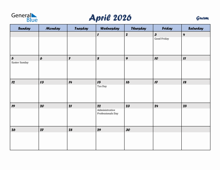 April 2026 Calendar with Holidays in Guam