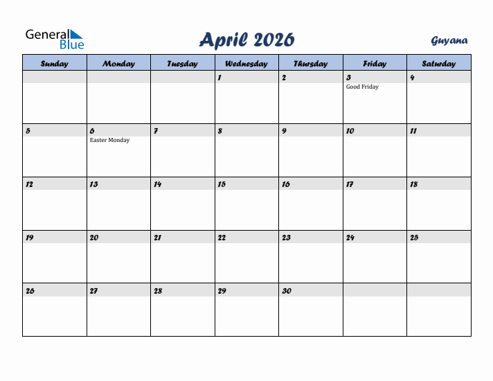 April 2026 Calendar with Holidays in Guyana