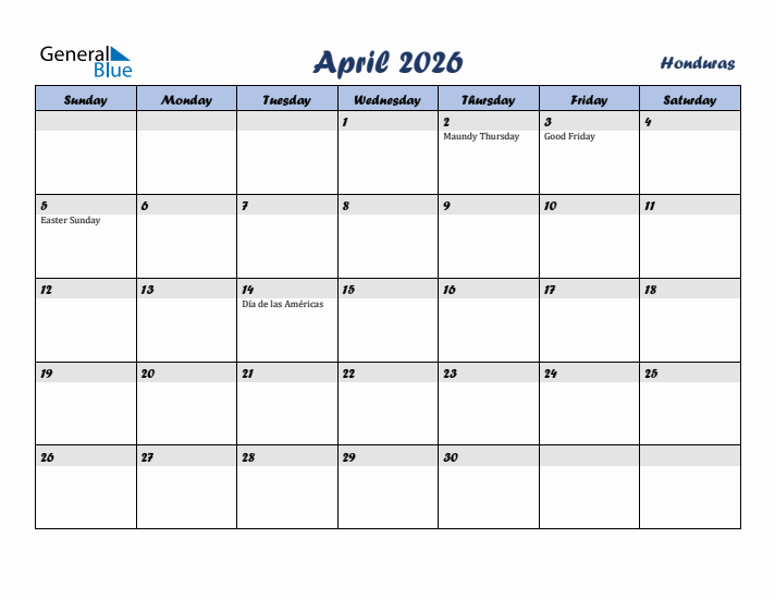 April 2026 Calendar with Holidays in Honduras