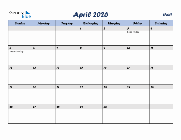 April 2026 Calendar with Holidays in Haiti