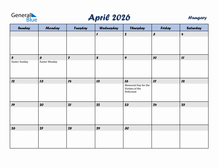 April 2026 Calendar with Holidays in Hungary
