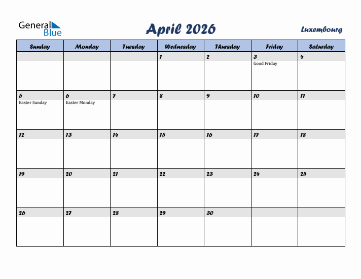 April 2026 Calendar with Holidays in Luxembourg
