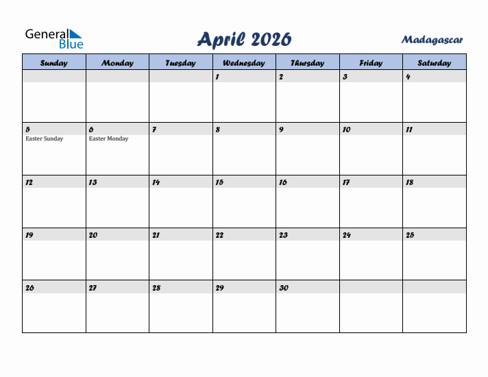 April 2026 Calendar with Holidays in Madagascar