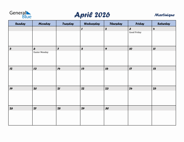 April 2026 Calendar with Holidays in Martinique