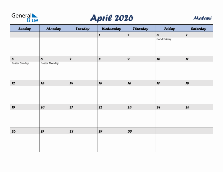 April 2026 Calendar with Holidays in Malawi