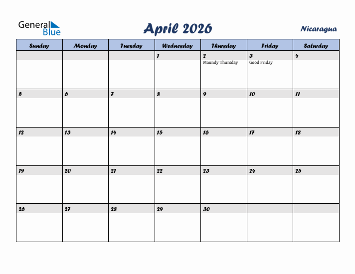 April 2026 Calendar with Holidays in Nicaragua