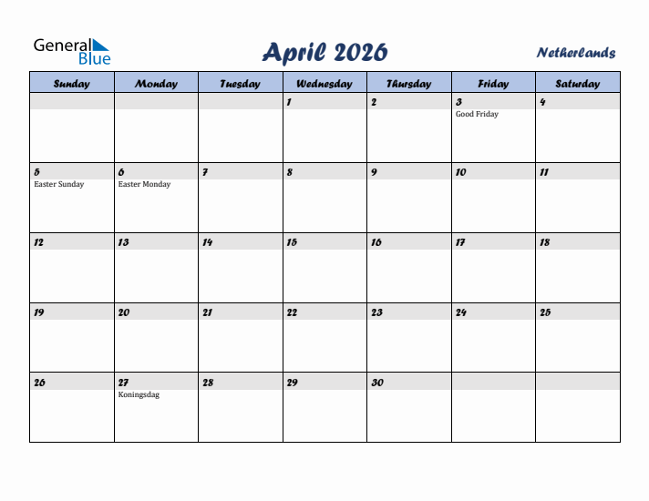 April 2026 Calendar with Holidays in The Netherlands