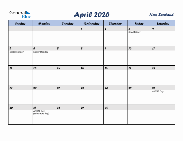 April 2026 Calendar with Holidays in New Zealand