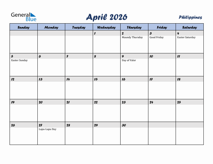 April 2026 Calendar with Holidays in Philippines