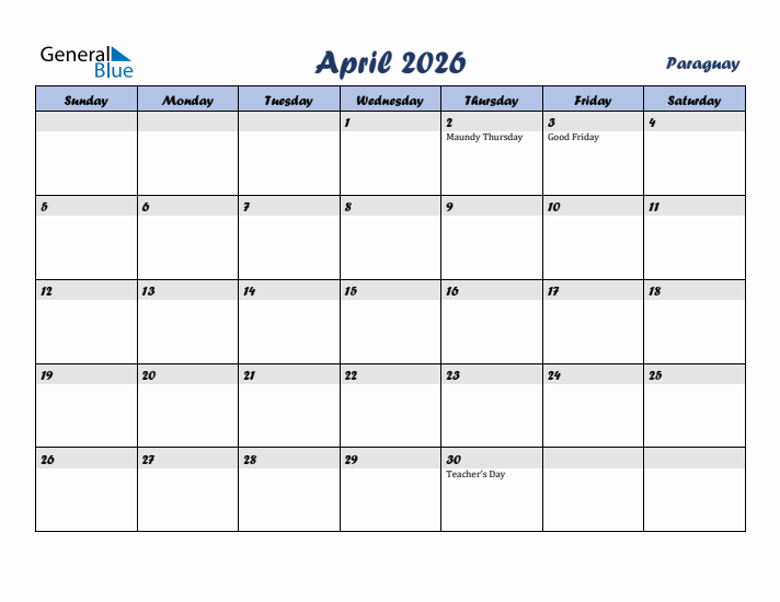 April 2026 Calendar with Holidays in Paraguay