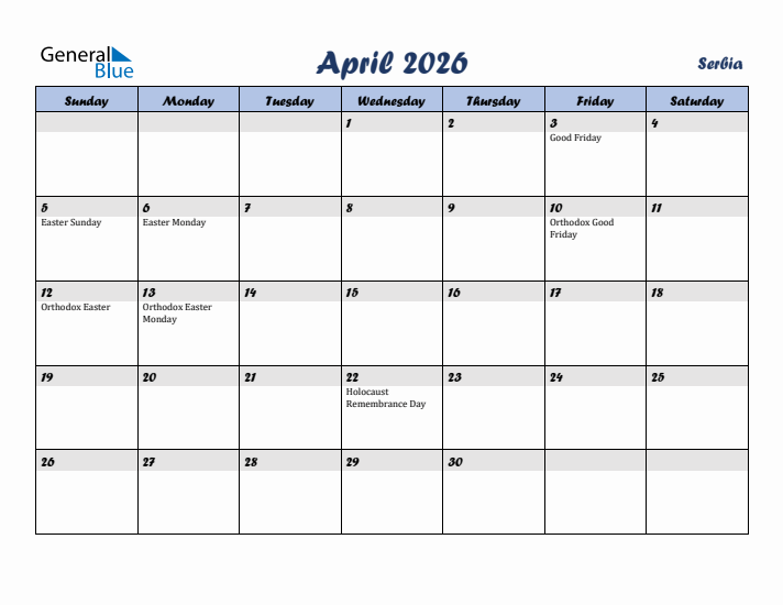 April 2026 Calendar with Holidays in Serbia