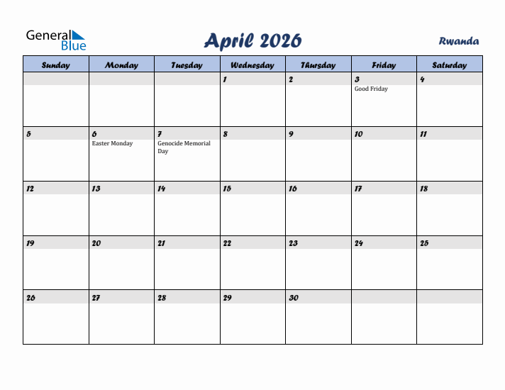 April 2026 Calendar with Holidays in Rwanda