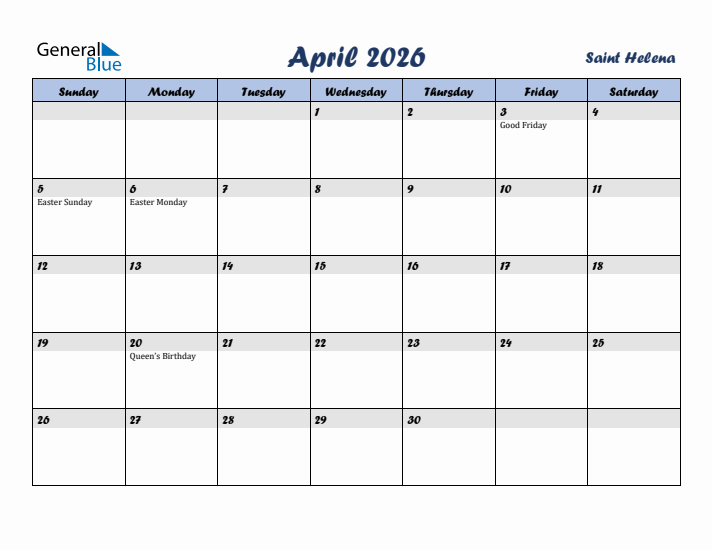 April 2026 Calendar with Holidays in Saint Helena